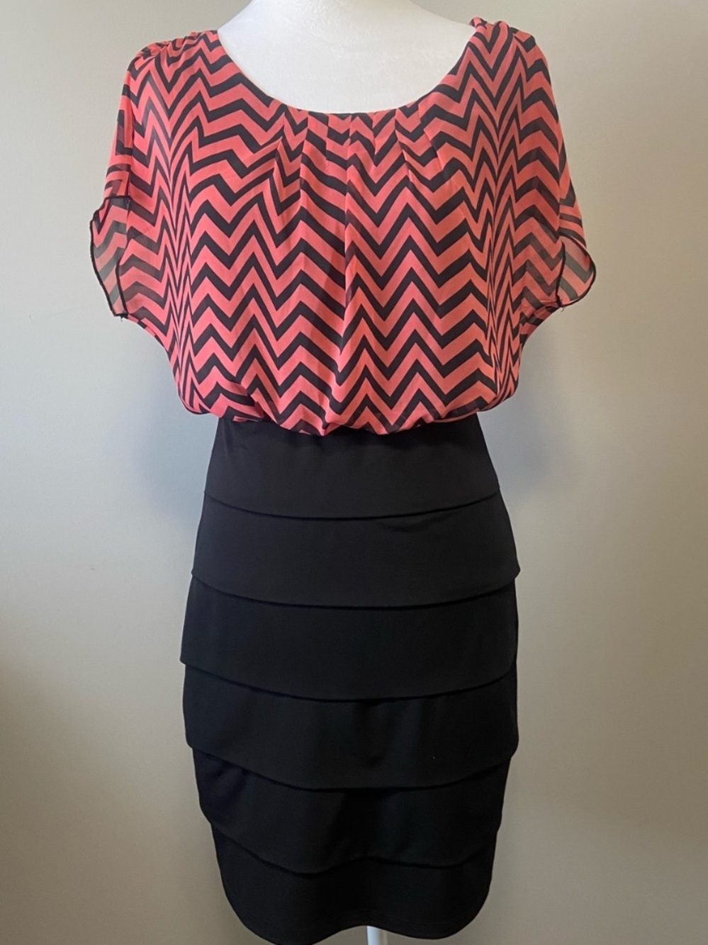 Enfocus Studio Coral Chevron Blouse with Black Tiered Pencil Skirt